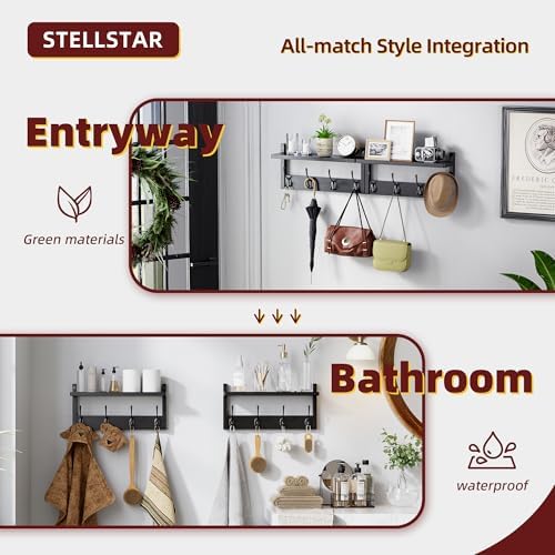 STELLSTAR Coat Rack with Shelf, 2 Pack Bamboo Wall-Mounted Coat Hanger with 8 Hooks for Entryway, Hallway, Kitchen, Bathroom, Living Room, Utility Room (Black) - Image 6