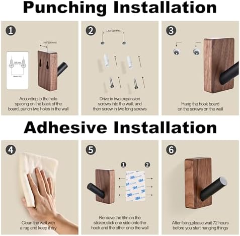 8 Pack Wooden Wall Hooks for Hanging, Adhesive Mounted & Wall Mounted Boho Decorative Walnut Wood Coat Hooks for Towel Clothes Blanket Hat Backpack Robe Nursery Door Board Entryway Key Holder - Image 6