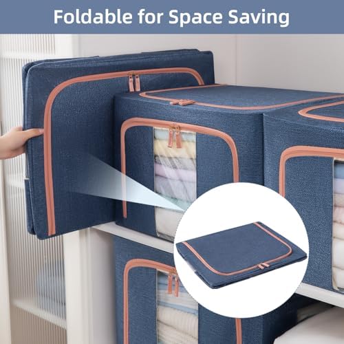 GuliPostan 3 Pack 100L Stackable Clothes Storage Bins with Metal Frame Handles & Zipper, Collapsible Closet Organizer Box with Lid for Bedding Blankets Towel (Navy) - Image 4