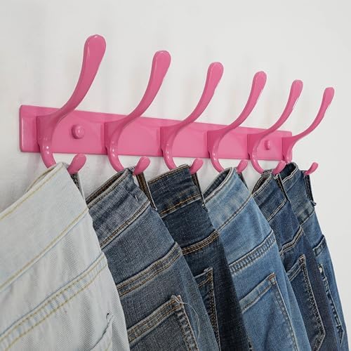 SKOLOO Wall Mounted Coat Rack - 6 Hooks, Pack of 2, Heavy Duty, Stainless Steel, Metal Wall Hanger, Sturdy Coat Hooks for Hanging Coats, Jackets, Clothes, Hats - Pink - Image 3