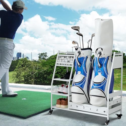 Lauren&Harold Golf Bag Organizer Garage Storage, Golf Storage Rack Stand Fits 2 Golf Bags, Golf Clubs and Other Golfing Equipment Accessories, Golf Organizer for Garage, Club, Shed, Basement - Image 2