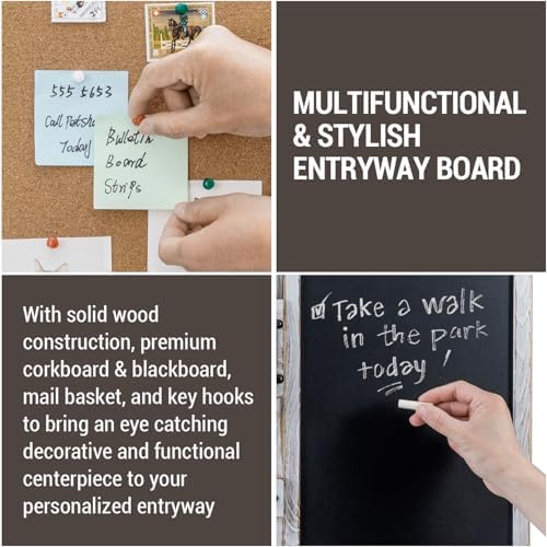 MyGift 3 Panel Wall Mounted Entryway Bulletin Board Combo Set with Shabby White Washed Solid Wood Frame, Chalkboard, Cork Board, Black Metal Mail Basket, and Hanging Rail - Image 2