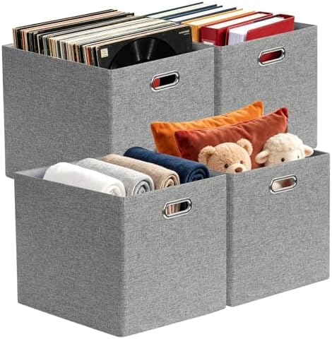 Posprica 3X Thicker Collapsible Storage Bins,13×15x13 Foldable Storage Cube Boxes Fabric Drawer for Closet Shelf Cabinet Bookcase, set of 4 (Gray-1200D) by Posprica
