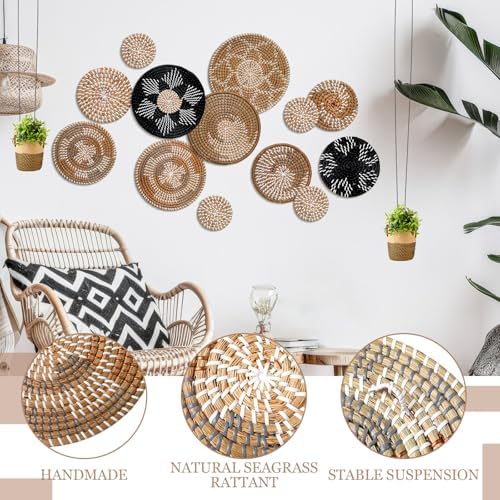 Xuhal 15 Pcs Boho Wall Basket Decor Handcrafted Seagrass Woven Wall Basket Rustic Round Woven Hanging Art for Home Farmhouse Kitchen Table Living Room (Dark Colors Style) - Image 4