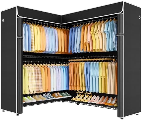 ULIFHOME E15C Max Garment Rack L Shaped Clothes Rack for Corner，Freestanding Clothing Racks for Hanging Clothes，Heavy Duty Closet System 57"W x 15.8"D x 78.4"H，Black Rack with Black Dustproof Cover by UlifHome