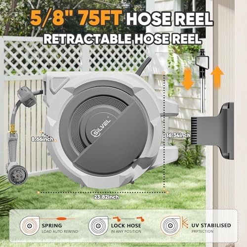 SILVEL Retractable Garden Hose Reel – 5/8 in x 75FT Heavy Duty Automatic Hose Reel Wall Mounted, Upgraded UV Resistant with 10 Pattern Nozzle, Any Length Lock & Slow Return System, 180°Swivel Bracket - Image 4