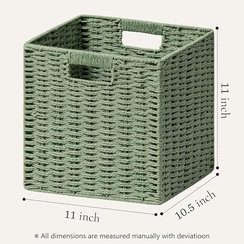 UBBCARE 3 Pack Wicker Basket, 11L×11H×10.5W inch Woven Paper Rope Storage Baskets for Shelves, Foldable Cube Storage bin with Handle, Storage Basket for Organizing & Decor, Green - Image 2