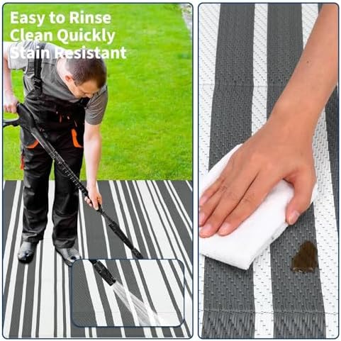 Garvee Geometric Lines 9x12 Outdoor Rug Striped Grey Plastic Straw Rugs - Image 6