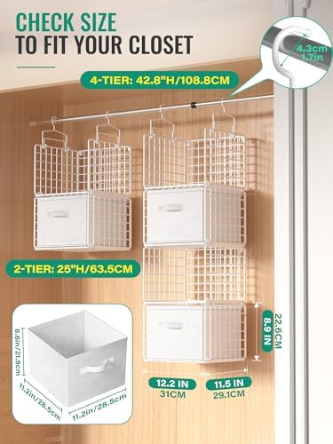 Hanging Closet Organizer with Drawers, 4 Tier Metal Closet Organizers and Storage with 4 Hanging Hooks 4 S-Hooks for Wardrobe Laundry Room, Wire Storage Shelf for Clothes Sweaters Pants (White) - Image 2