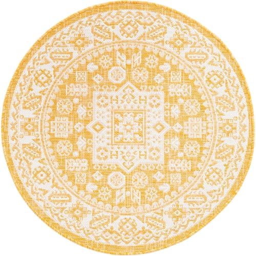 Rugs.com - Outdoor Aztec Rug – 3 Ft Round Yellow Indoor/Outdoor Rug – Weather-Resistant Flatweave Decor for Patios, Decks, and Porches - Image 3