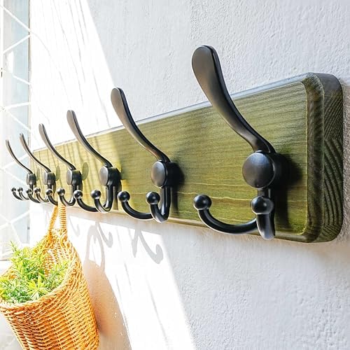 Dseap Coat Rack Wall Mounted - 24" Long 6 Tri Hooks, Heavy Duty Wooden Wall Coat Hanger Coat Hook for Clothes Hat Jacket Clothing, Weathered Green and Black - Image 2