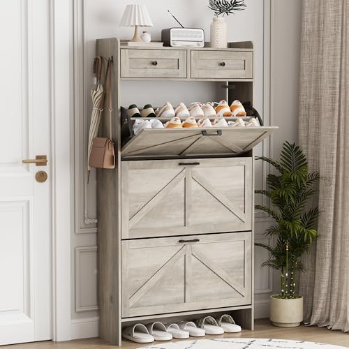 Shoe Cabinet with 3 Flip Drawers & 2 Top Drawers, 57" Tall Freestanding Narrow Wooden Shoe Storage Organizer for Entryway, Hidden Slim Shoe Rack for Front Door Entrance, Hallway, Living Room, Grey by Xixini