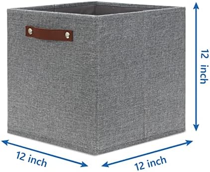 Temary 12x12 Storage Cube Bins 4 Pack Fabric Storage Cubes Storage Bins with Leather Handles, Storage Baskets Foldable Cube Organizers Bins for Home (Grey) - Image 2