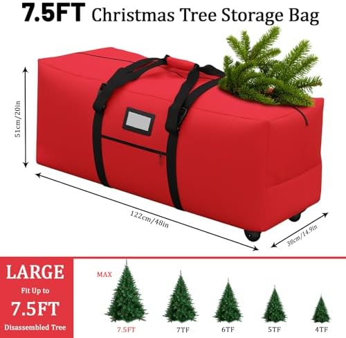 7.5 ft Christmas Tree Storage Bag, Heavy Duty Rolling Xmas Tree Bag with Reinforced Handles and Wheels, Large Storage Container for Trees and Decorations, Red - Image 2