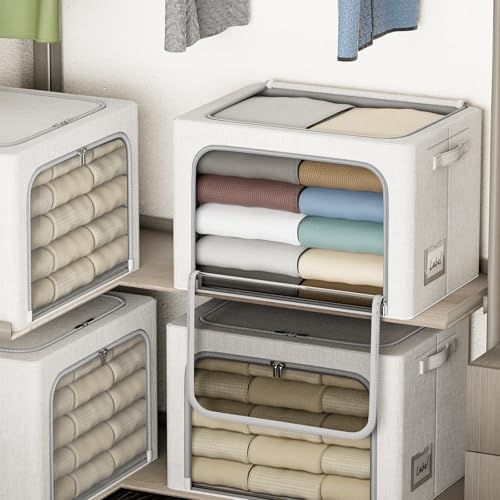 4 Pack Clothes Storage Bins with Metal Frame - 66L Stackable Storage Box with Lid，Foldable Storage Container Organizer for Clothes，Linen Fabric Storage Box with Clear Window＆Zippers＆Handles - Image 6
