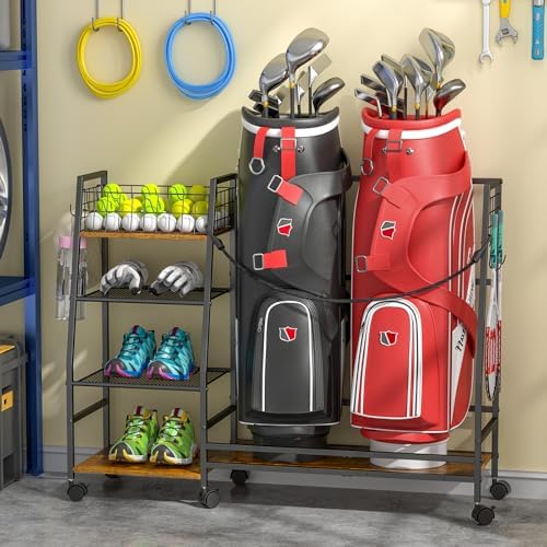 DAOUTIME Golf Bag Storage Rack for Garage with Wheels, Organizer for Golf Bag and Equipment Accessories, Golf Organizer Stand Ideal for Home, Garage, Club, Shed, Basement - Sturdy and Durable (Black) - Image 5