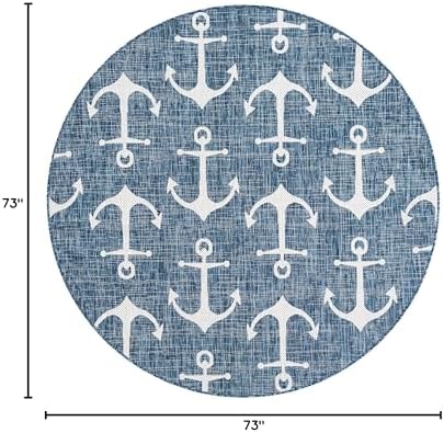 Unique Loom Outdoor Coastal Collection Area Rug - Ahoy (6' 1" Round Blue/Ivory) - Image 2