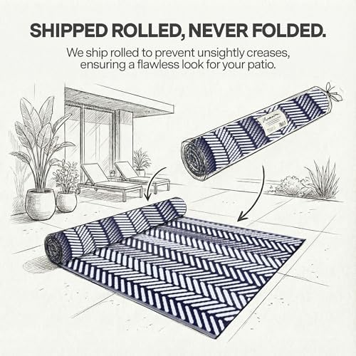 FH Home Outdoor Rug - Waterproof, Fade Resistant, Reversible - Premium Recycled Plastic - Herringbone - Patio, Porch, Deck, Balcony - Fresno - Navy Crease Free - 5 x 8 ft - Image 3