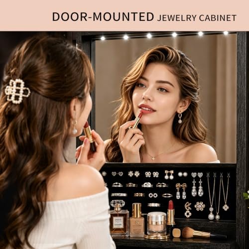 6 LEDs Mirror Jewelry Cabinet, Over the Door Jewelry Organizer with Full Length Mirror, Wall Mounted or Door Hanging Jewelry Box with Storage - Image 3
