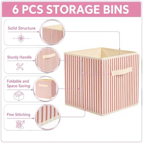 Amyhill 6 Pack Mixed Colors Striped Basics Collapsible Fabric Storage Bins - Image 3
