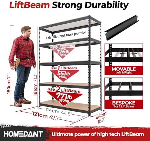 HOMEDANT Black 47.7" W 5 Tier Storage Shelves Garage Shelving Unit Metal - Image 2