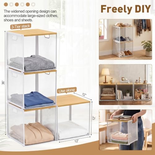 AceOrbit 3 Pcs Widened Stackable Closet Organizer and Storage with Wood Top Foldable Metal Cube Closet Shelf DIY Space Saving Linen Clothes Shoe Bed Sheet Bin Wardrobe Bedroom ( 15.6"x12"x8.7", Dark) - Image 2