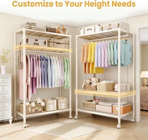 Rolling Clothing Rack Metal Wardrobe Rack 695LBS with Shelves White - Image 4