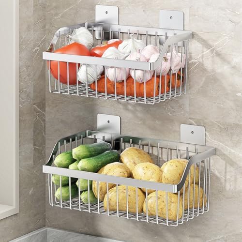 SUS304 Stainless Steel Wire Basket, Hanging Wall Organizer Cabinet Storage Basket, Wall Mounted Shelves for Home Kitchen Bathroom, 2-Pack - Image 5