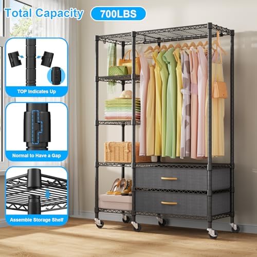 Ulif F3R Heavy Duty Clothes Rack（With Lockable Wheels）Freestanding Clothing Racks for Hanging Clothes，Adjustable Closet Organizer System，Portable Garment Rack 40"W x 15"D x 74"H，Max Load 700LBS，Black - Image 5