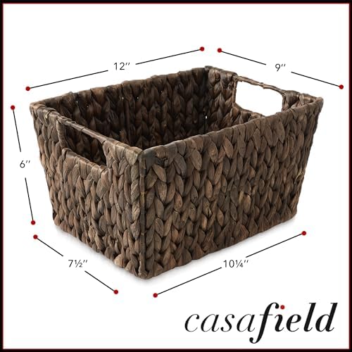 Casafield Set of 4 Water Hyacinth Storage Baskets with Handles - Espresso Brown, Woven Storage Bins for Shelves, Blankets, Laundry Organization - Image 4