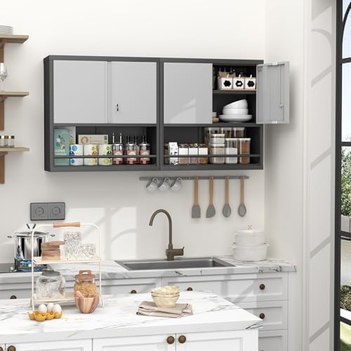 GREATMEET 31" H Metal Garage Storage Cabinets with Doors and Shelves, Lockable Storage Cabinet with Lock, Hanging Cabinets for Wall, Wall Mount Cabinet for Utility Room, Black&Grey - Image 5