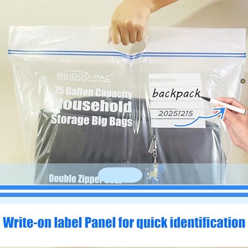 BEIDOU-PAC 25 Gallon Jumbo Storage Bags with Handle, 30 Counts | Double Zipper Seal | Expandable Bottom, Resealable Clear zip Bags for Home Travel, Moving, Commercial and Outdoor - Image 5