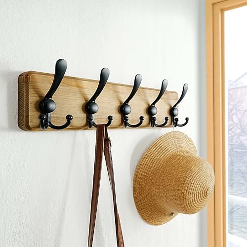 Dseap Coat Rack Wall Mount - Heavy-Duty Robust Barnwood-Style Wooden Wall Coat Hanger Hook Rail with 5 Triple Hooks for Winter Coats Hat Jacket Clothing, Weathered Brown & Black, Pack of 2 - Image 7