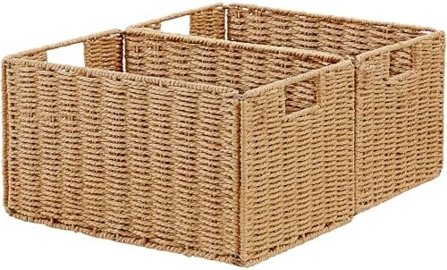 Vagusicc Wicker Storage Basket, Set of 2 Hand-Woven Paper Rope Wicker Basket, Small Storage Baskets for Organizing Toilet Paper Basket, Foldable Large Cube Storage Organizer Bins for Shelves (Natural) by Vagusicc