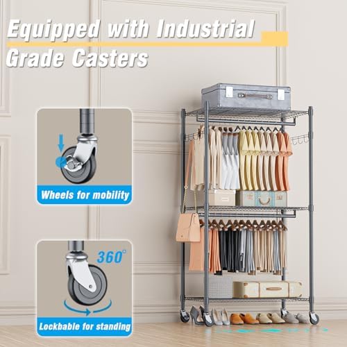 Homdox Narrow Rolling Garment Rack with Double Rods and 3 Adjustable Shelves, Compact Portable Closet Organizer for Bedroom, Dorm, Laundry Room, 23.62" W x 16.54" D x 80.71" H, Gray - Image 4