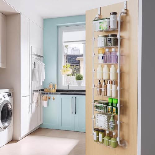 Delamu Narrow Over The Door Pantry Organizer, 8-Tier Metal Pantry Door Organization and Storage for Easy Install, Hanging Spice Rack Shelves, Door Organizer for Kitchen, 4.65"D x 13"W x 65"H, White - Image 7