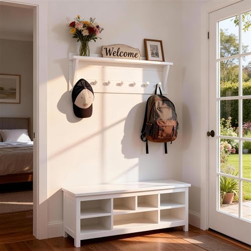 WEBI Coat Rack Wall Mount with Shelf,30" Long Entryway Wall Shelf with Hooks Underneath,7 Peg Hooks for Hanging Coats,Caps,Jacket,Clothes,White - Image 2
