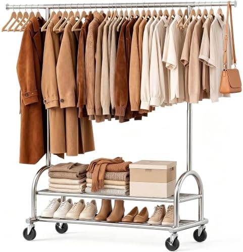 Heavy Duty Metal Clothes Rack Load 586 LBS, Height‑Adjustable Rolling Garment Rack for Hanging Clothes, Sturdy Wheel Clothing Rack with 2 Shelves, Portable Closet Wardrobe Organizer Rack, Silver by Unknown