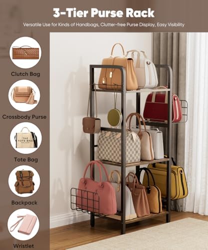 3-Tier Purse Organizer Rack, Iron & Wood Floor-Standing Bag Storage Holder with Adjustable Side Basket and Hook Handbag Organizers Display Stand Shelf for Closet, Bedroom, Entryway, Black - Image 5