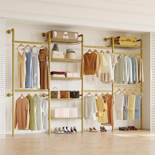 Higeego W4 Wall Mounted Clothes Rack, Industrial Pipe Clothing Rack, Gold by Higeego