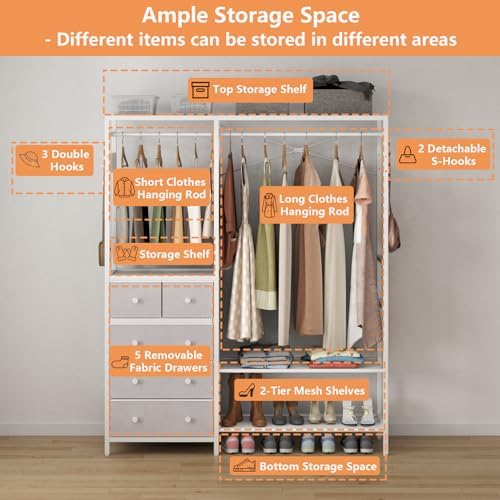 Freestanding Clothes Rack with 5 Drawers & 4 Storage Shelves,2 Hanging Rods - Image 3
