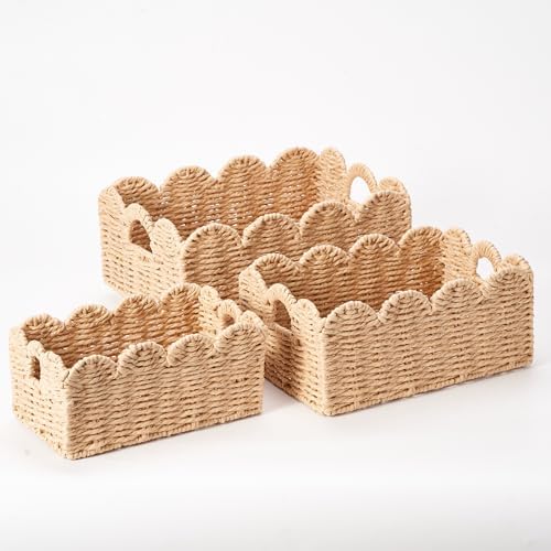 Scalloped Wicker Baskets Set of 3, Hand-Woven Storage with Handles by Floramill