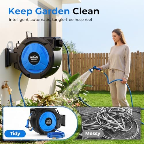 Retractable Garden Hose Reel, 1/2 Inch x 100 ft + 6.6 ft Heavy Duty Wall Mounted Hose Reel with 10 Patterns Nozzle, Any Length Lock, Upgraded Slow Return System, 180°Swivel Bracket and UV Resistant - Image 2