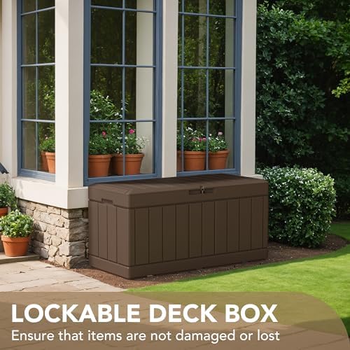 Devoko 85 Gallon Deck Box Lockable Resin Outdoor Storage Box waterproof Outdoor Container for Patio Furniture Cushions, Pillow (Brown) - Image 4