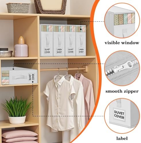 WOWBOX Sheet Organizers and Storage,Closet Bed Sheet Organizer Under Bed Storage and Organization with Label Cards & Clear Window for Bedding Sheets,Duvet Covers,Blankets (10 Pack，White) - Image 2