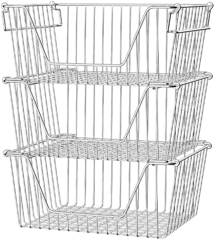 Slideep Large Stackable Storage Baskets Cabinet Organizer Sturdy Metal Wire Pantry Freezer Bin for Pantry Home Bathroom Kitchen Organization 3 Packs by WelcometotheSlideep