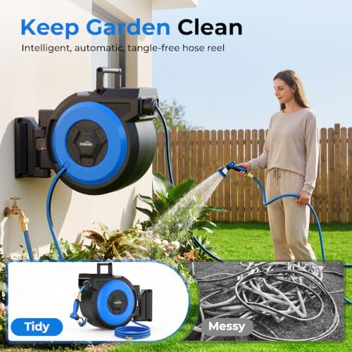Retractable Garden Hose Reel, 5/8" x 90FT Automatic Retractable Water Hose Reel Wall Mount, with 10- Function Sprayer Nozzle, Any Length Lock/Auto Rewind/180°Swivel - Image 2