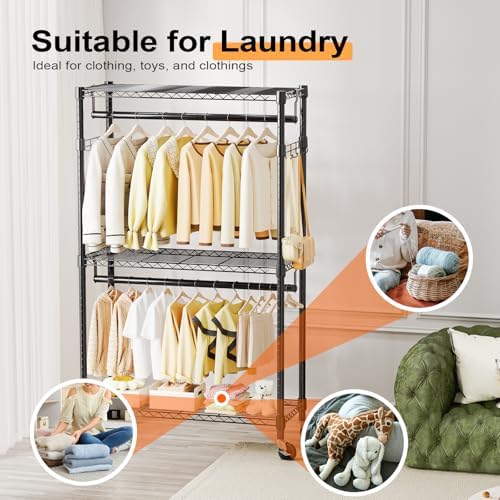 M MZG Heavy Duty Rolling Garment Rack 3 Tiers Adjustable Wire Shelving Clothes Rack with 2 Rods and Side Hooks,Storage Closet Clothing Rack with Wheels Black 15.7" D x 29.5" W x 74.5" H - Image 5