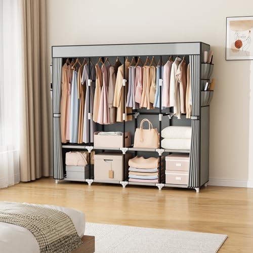 VTRIN Portable Closet for Hanging Clothes 67 Inch Wide Large Capacity Portable Wardrobe Closet with Cover, 4 Storage Shelves and 4 Hanging Rod Sturdy Free Standing Closet for Bedroom, Grey - Image 2