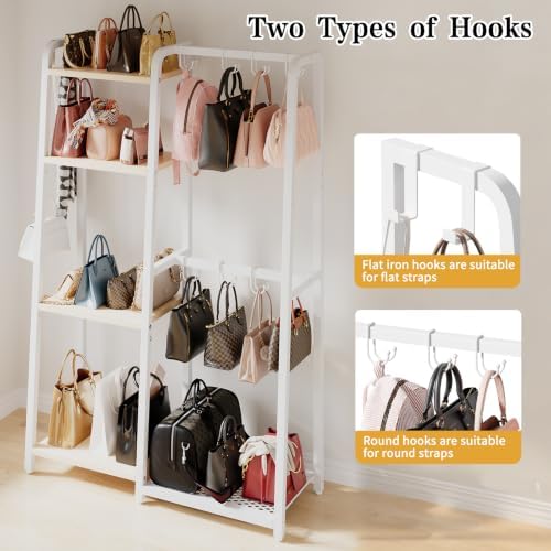 HavenlyYouth Purse Storage Organizer for Closet, 4-Tier Iron Wood Purse Rack, 8 Purse Hooks & 2 Side Hooks for Bag Organizer, Large Capacity Handbag Storage Rack for Home, Living Room, White - Image 5